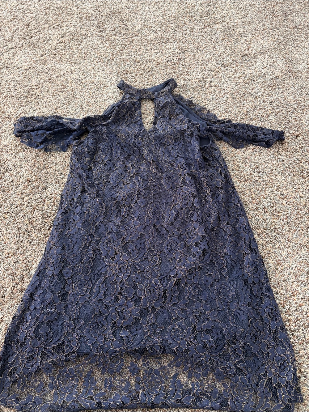Lace Cold-Shoulder Dress in Navy w/gold accents